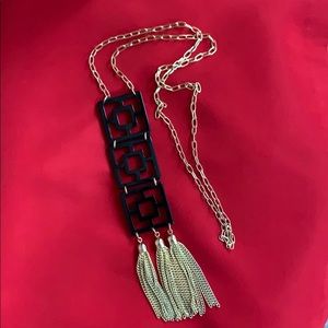Gold Chain & Black Pendant Tassel Necklace EUC
